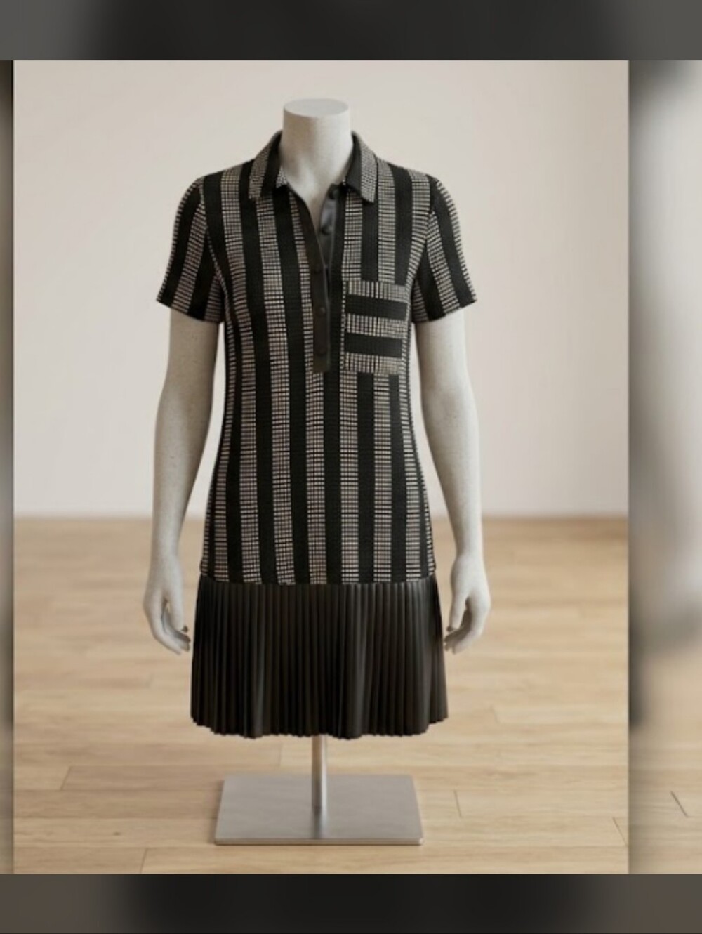 Zara Black and Cream Striped Polo Pleated Hem Mini Dress